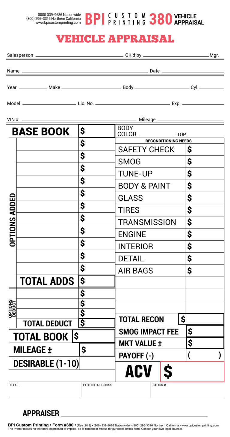 Vehicle Appraisal | BPI Custom Printing