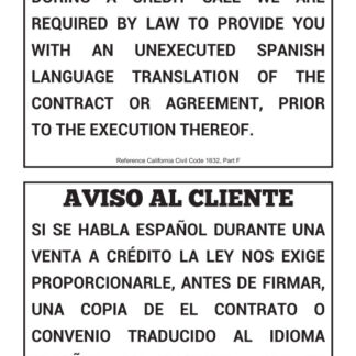 English/Spanish Translation Notice Sign for car dealerships