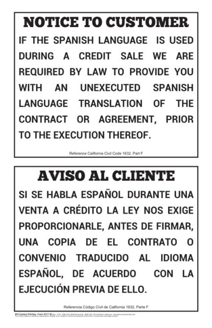 English/Spanish Translation Notice Sign for car dealerships