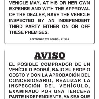 English/Spanish Vehicle Inspection notice sign for car dealers