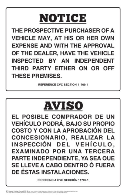 English/Spanish Vehicle Inspection notice sign for car dealers