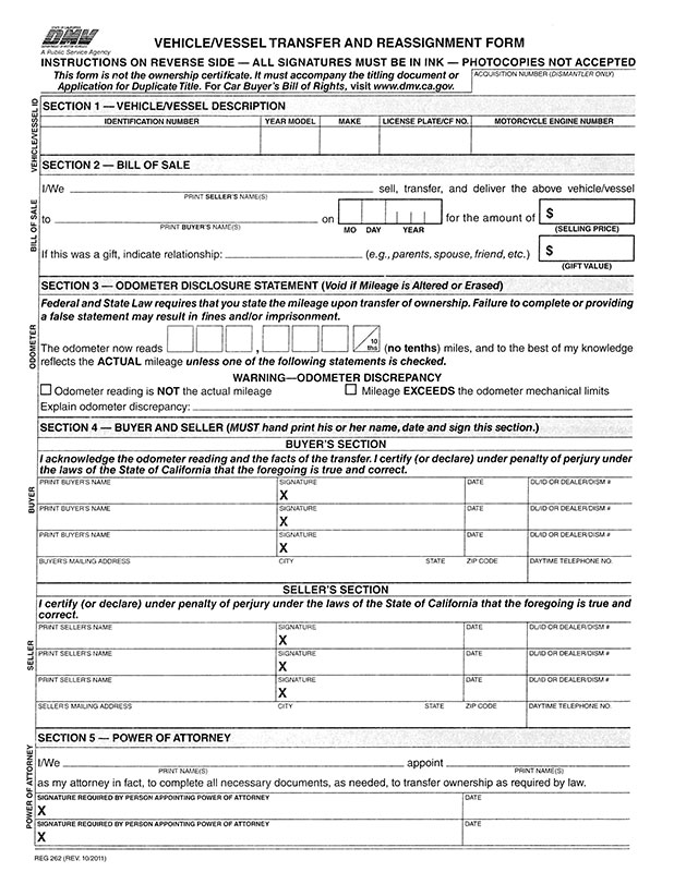 3 Part Reg 262 Vehicle Vessel Transfer BPI Dealer Supplies