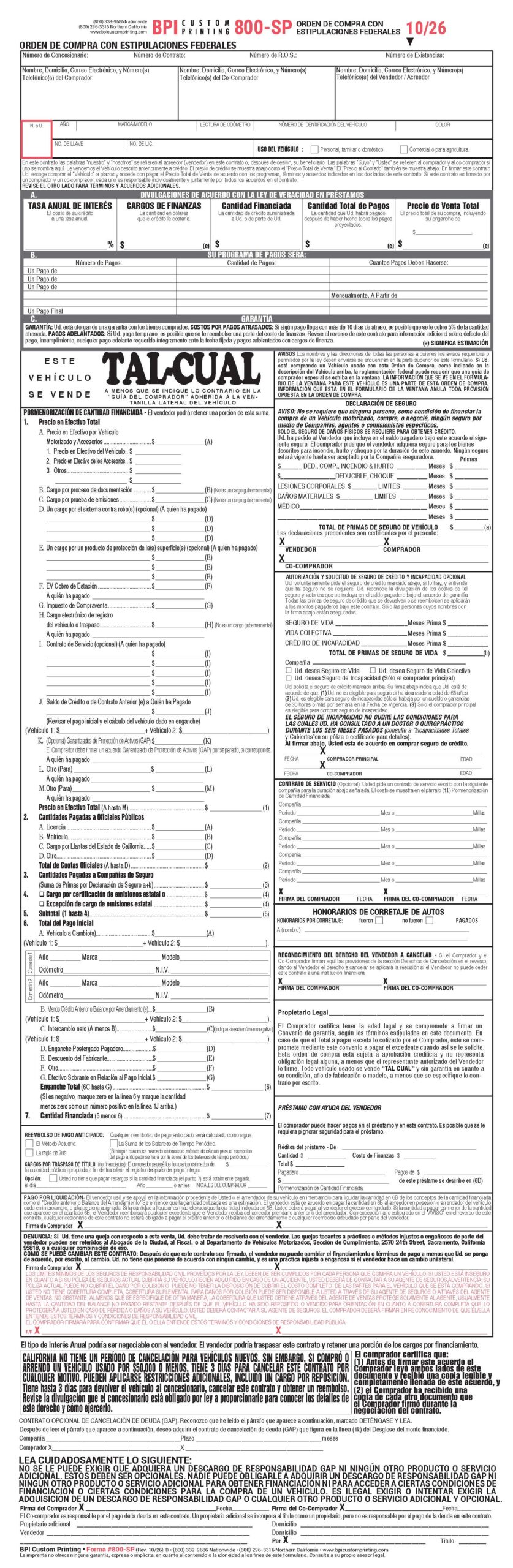 As-Is Purchase Order with Federal Disclosures in Spanish