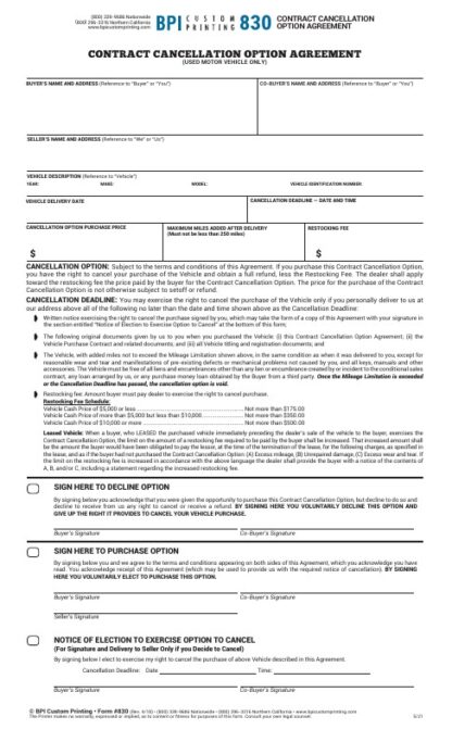 00830 r2104 Contract Cancellation Option Agreement (Front)