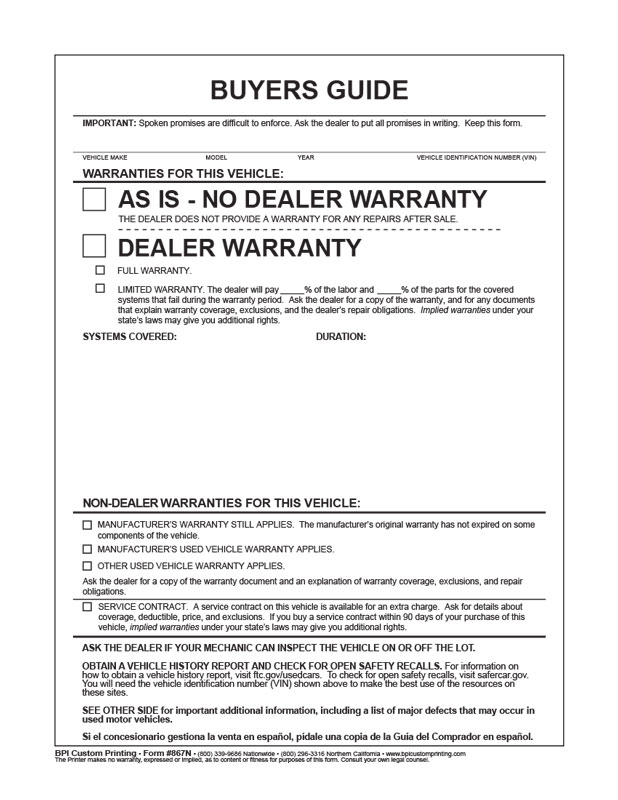 Dealer Warranty 300 Federal Buyers Guide As Is No Dealer Warranty