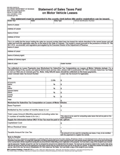 Colorado Sales Tax Statment for Vehicle Sales