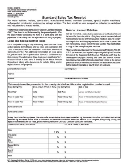 Colorado Standard-Sales-Tax-Receipt for car sales