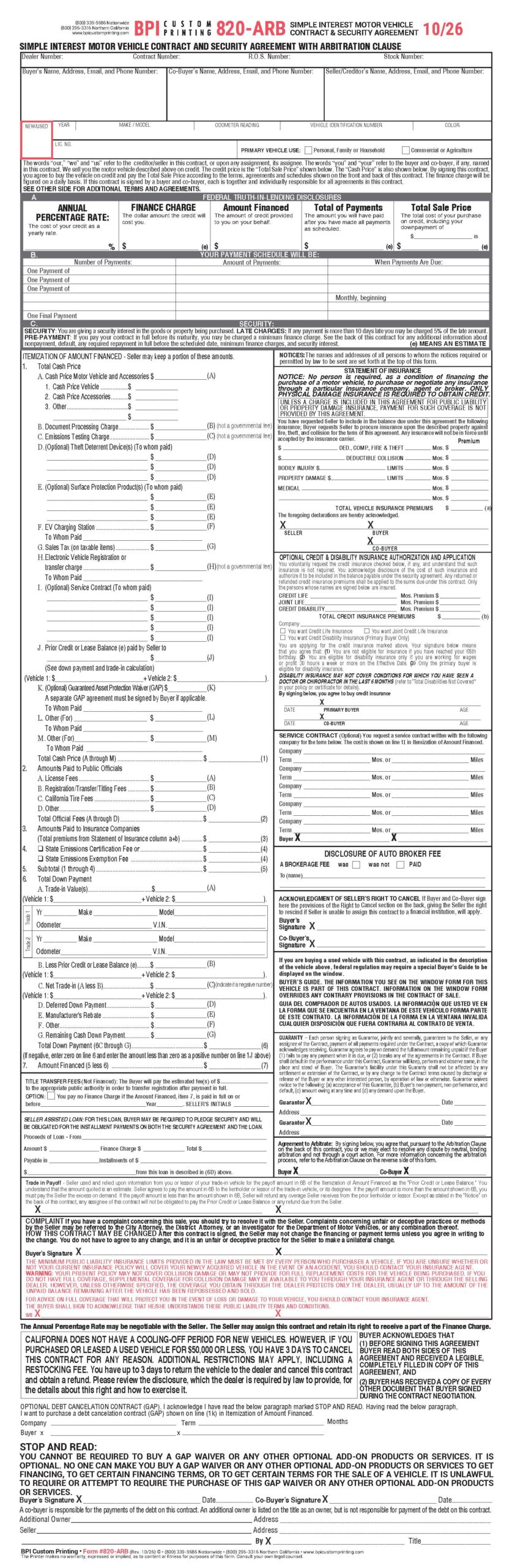 Simple Interest Motor Vehicle Contract with Arbitration