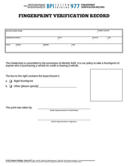 Vehicle Finance Fingerprint Verification Record