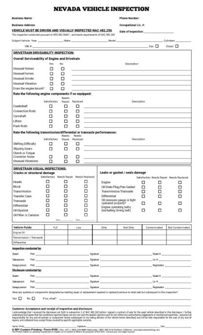 Nevada Vehicle Inspection Forms for Car Dealers